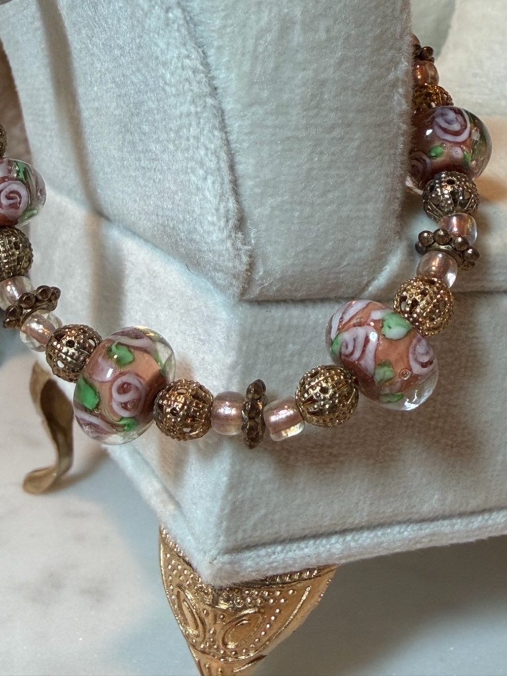 Vintage Lamp Work Pink Floral Glass and Filigree Bead Bracelet